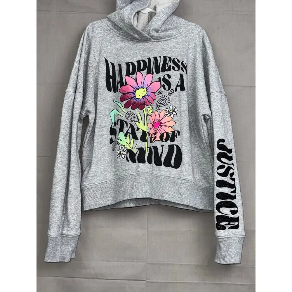Justice Girls Gray Happiness is a Sate of Mind Flower Hoodie, Size M (10)